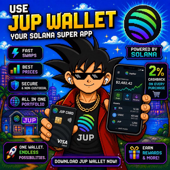 A colorful pixel-art style advertisement for 'JUP Wallet - Your Solana Super App' featuring an anime-style character with sunglasses holding a phone displaying Jupiter crypto assets.
