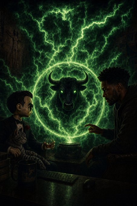 Two men sit at a table with a cat in front of a glowing green portal conjuring a horned beast, casting eerie light across the scene. The mystical, ritualistic imagery amplifies the post's call to join a movement around $ANSEM, framing the giveaway as an invitation to summon power together.