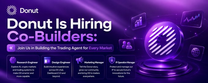 A job recruitment banner for Donut titled 'Donut Is Hiring Co-Builders: Join Us in Building the Trading Agent for Every Market,' listing roles such as Research Engineer, Design Engineer, Marketing Manager, and IP Operation Manager.