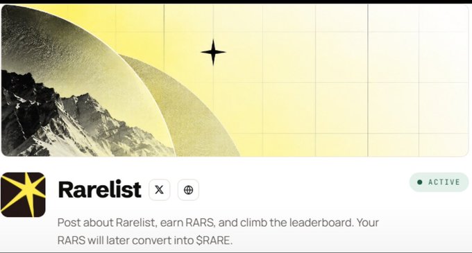 The image shows a Rarelist profile card displaying the "Rarelist" name with an "ACTIVE" status badge, alongside its logo featuring a yellow star design and a futuristic planet graphic. The post promotes Rarelist's rapid growth through live events, highlighting upcoming rewards in tokens and stablecoins (such as 20 USDT to top 20 participants at the next SphereXY event), which ties directly to the platform's reward-based engagement system shown in the image.