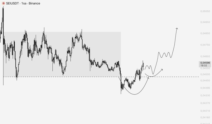 A candlestick chart of SEIUSDT on Binance's 1-second timeframe shows the price hovering around 0.04596, with an illustrated path projecting an upward breakout above the key 0.04500 resistance level. Hand-drawn arrows suggest a bullish continuation toward 0.04700–0.04950, aligning with the post's emphasis on seeking "slightly more solid" setups during a difficult market environment.