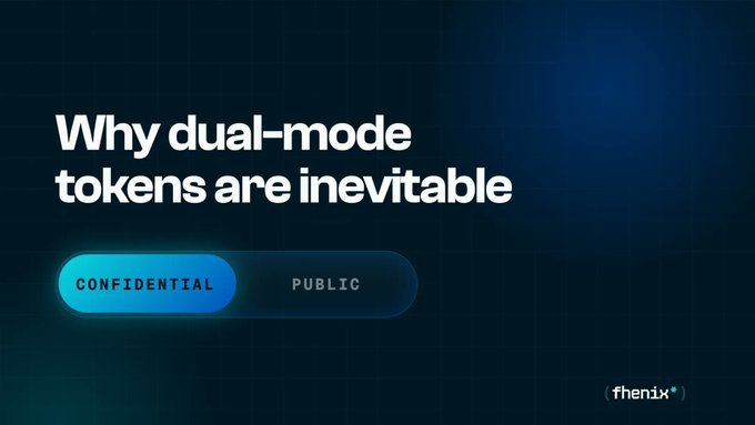 A dark promotional graphic titled "Why dual-mode tokens are inevitable" featuring a toggle switch set to "CONFIDENTIAL" (highlighted in cyan) over "PUBLIC," branded with the Fhenix logo in the bottom right. The image visually reinforces Fhenix's CoFHE technology, which allows EVM applications to support both confidential and public token states within a single framework, eliminating the need for separate privacy chains.