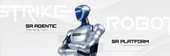A promotional image for Strike Robot featuring a sleek humanoid robot labeled 'STRIKE ROBOT' with text highlighting 'SR AGENTIC - Intelligent, multi-agent AI systems' and 'SR PLATFORM - Scalable foundation and API infrastructure'.