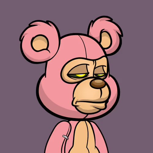 A digital illustration of a pink bear character with a tired or unimpressed expression on a gray background.