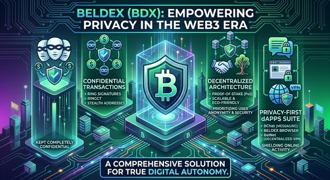 A promotional graphic titled 'BELDEX (BDX): EMPOWERING PRIVACY IN THE WEB3 ERA' highlights features like confidential transactions, decentralized architecture, and a privacy-first apps suite with Bitcoin-themed icons.