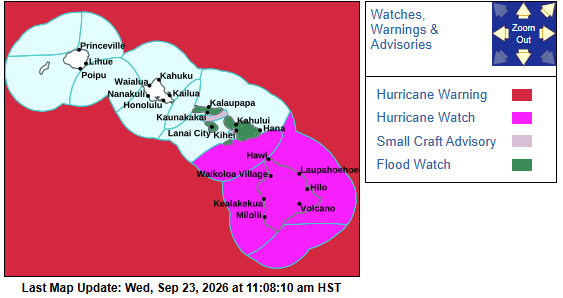 A Hawaii weather map showing Hurricane Warnings (red) and Hurricane Watch (magenta) areas across the islands, with a legend on the right and 'Last Map Update: Wed, Sep 23, 2026 at 11:08:10 am HST'.