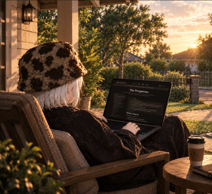 A person wearing a leopard-print hat and dark coat sits in a wooden chair on a porch at sunset, reading a laptop displaying a webpage titled 'The Prospectus' with a coffee cup on a side table nearby.