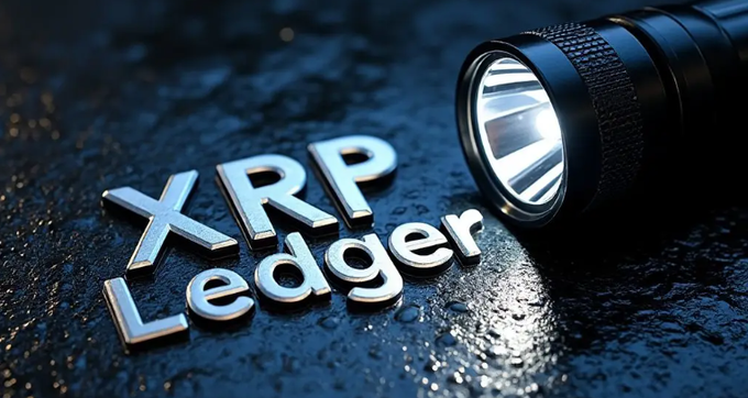 A metallic 'XRP Ledger' logo sits on a wet dark surface, illuminated by a flashlight shining from the upper right.
