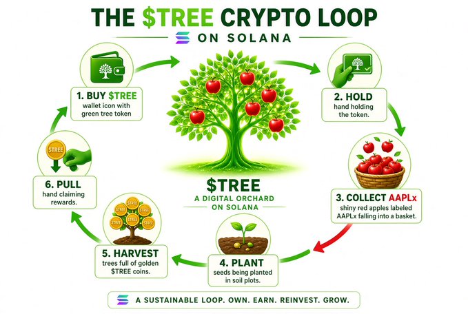 An infographic titled 'THE $TREE CRYPTO LOOP ON SOLANA' showing a six-step cyclical process: Buy $TREE, Hold, Collect AAPLx, Plant, Harvest, and Pull, with the tagline 'A SUSTAINABLE LOOP. OWN. EARN. REINVEST. GROW.'
