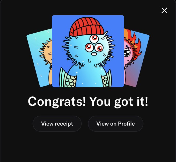 A digital interface showing three NFT cards with the message 'Congrats! You got it!' and buttons to 'View receipt' and 'View on Profile'.
