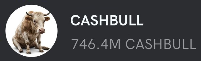 A promotional banner for a "$CASHBULL" airdrop featuring an image of a bull, displaying a total supply of "746.4M CASHBULL." The bull imagery visually reinforces the "bull" name, while the large token quantity highlights the scale of the 125,000 CASHBULL giveaway available to participants who complete the airdrop steps.