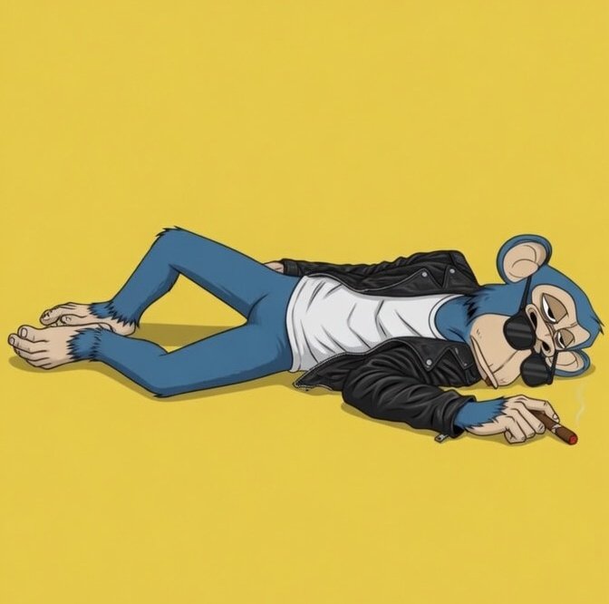 The image features a cartoon monkey wearing sunglasses, holding a cigarette, and laying down with its legs crossed. The background of the image is yellow, which contrasts with the blue color of the monkey's pants. There are no other objects or texts present in the image.