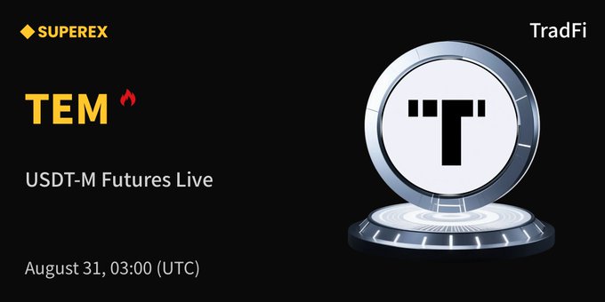 The promotional image features a silver coin with the "T" logo of Tempus AI (TEM) against a black background, alongside text announcing "TEM USDT-M Futures Live" on August 31, 03:00 (UTC), with "SUPEREX" branding at the top left and "TradFi" at the top right. The graphic serves as a launch announcement for TEM perpetual futures trading on the SuperEx exchange, visually reinforcing the post's message about gaining exposure to Tempus AI through USDT-M Futures.