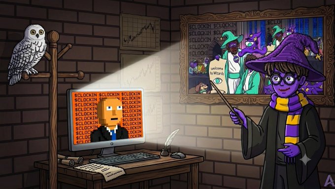 The image depicts a wizard-themed scene where a character in a purple wizard hat and Gryffindor scarf casts a spell toward a computer monitor displaying "$CLOCKIN" text and a pixelated figure, while a framed picture in the background shows "$CLOCKIN" branding with text reading "welcome to Wizard." An owl perches nearby, and the wizard holds a wand that emits light toward the screen, symbolizing the magical potential of the $CLOCKIN token within the Robinhood Chain ecosystem as referenced in the post about its structural role in tokenized stocks.