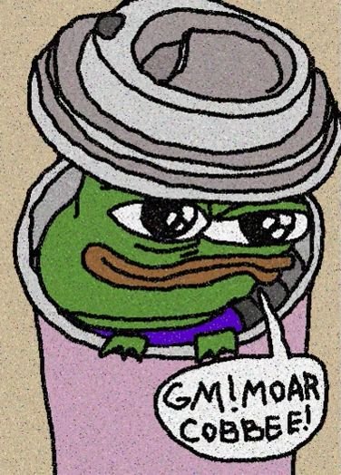 A cartoon drawing of the Pepe the Frog meme with swirling eyes and a smug expression, emerging from a purple container and saying 'GM! MOAR COBBEE!' in a speech bubble.