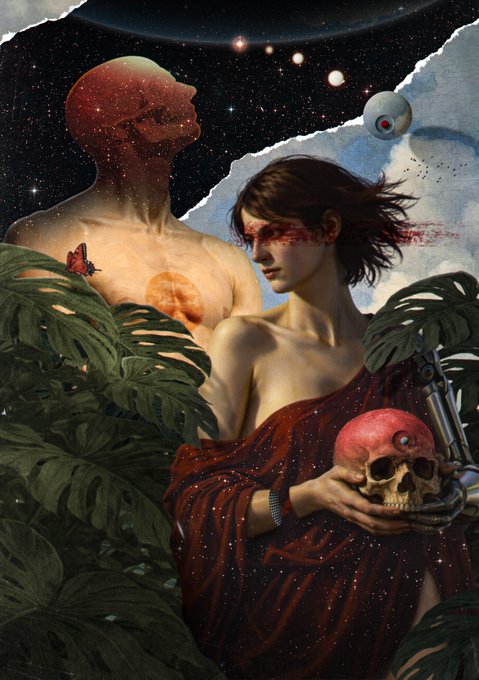 A surreal digital artwork shows a woman in a flowing red robe cradling a skull with a robotic eye implant, beside a star-flecked humanoid figure with an exposed brain, set against a cosmic backdrop of planets and monstera leaves—evoking themes of mortality, transcendence, and the surreal that align with the otherworldly, collectible NFT being offered at a 0.1 ETH reserve.