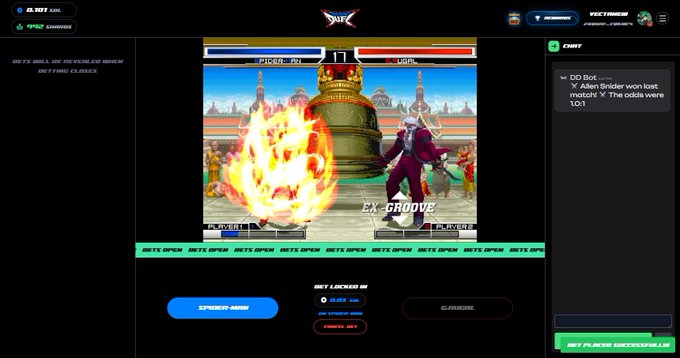 A screenshot of 'Degen Duel,' a fighting game betting platform, showing a King of Fighters match between Iori and K' (P1 vs P2) with betting options and a chat panel on the right.
