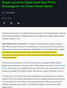 The image is an advertisement that promotes Ripple prime. It includes text detailing Ripple prime's digital asset prime (DTCC) trading capabilities, as well as its partnerships with Ripple prime and other financial technology companies. The ad also highlights Ripple prime's role in tokenization services and netting participant status.
