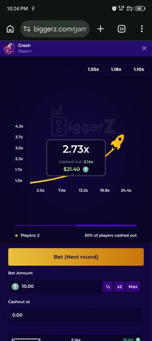 A screenshot of a mobile crash gambling game called 'Crash' on biggerz.com/gam, showing a rocket graphic at 2.73x with a $21.40 payout and a 'Bet (Next round)' button.