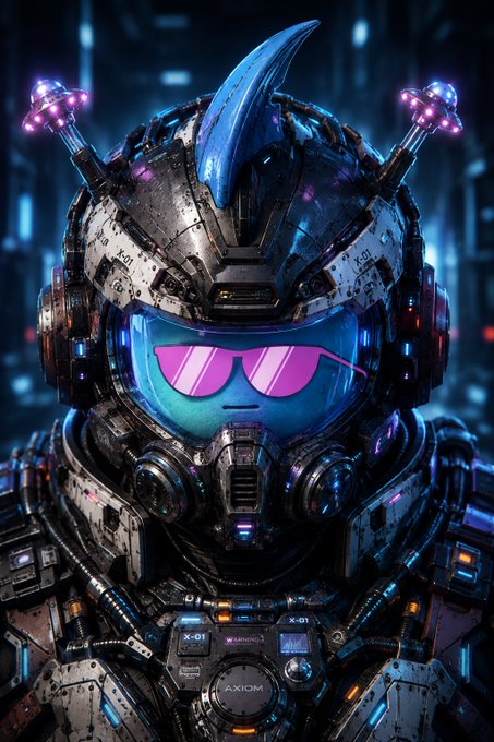 A close-up of a futuristic, mechanical helmeted figure with a blue mohawk, antennae with glowing purple lights, and pink reflective sunglasses, labeled 'AXIOM' and 'X-01' on the chest plate.