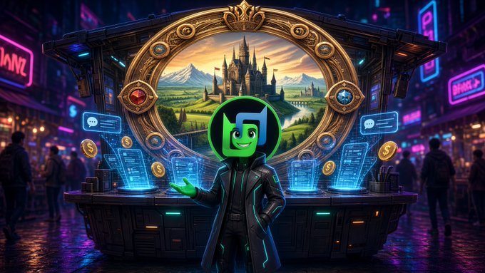 A 3D-rendered character with a green smiling logo face and dark coat stands before a glowing digital booth featuring a fantasy castle landscape and holographic interfaces.