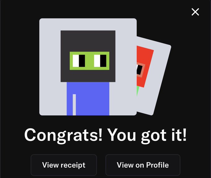 A digital notification screen displaying pixel art avatars and the text 'Congrats! You got it!' with buttons to 'View receipt' and 'View on Profile'.