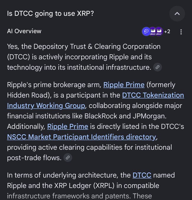 A Google search result AI overview answering 'Is DTCC going to use XRP?' with information about the Depository Trust & Clearing Corporation incorporating Ripple and XRP Ledger into institutional infrastructure, mentioning Ripple Prime and collaborations with BlackRock and JPMorgan.