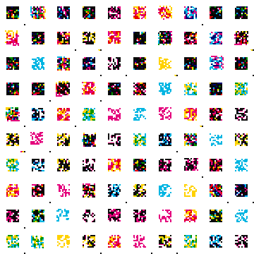 A pixel art sprite sheet displays numerous small, colorful character figures arranged in a grid pattern on a white background.