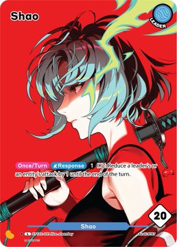 A trading card featuring an anime-style character named "Shao" with red eyes, teal and black hair, and a sword, displaying stats "1 [X]" with the text "Once/Turn Response: Reduce a leader or card cost by 1 until the end of the turn" and "20" at the bottom. The card matches the user's request to buy a Shao Portrait, as it appears to be exactly the type of card they are seeking.