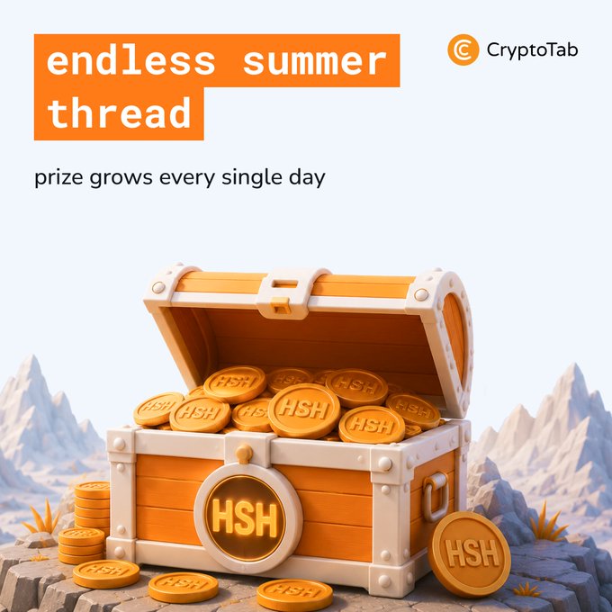 An open treasure chest overflowing with golden "HSH" coins sits on a rocky terrain, illustrating CryptoTab's "endless summer thread" promotion where the prize pool grows by 1,000 HSH each day until August 31 if no winner is selected.