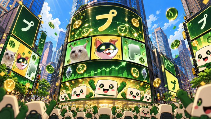 A stylized anime-style cityscape features massive green billboards displaying cat and meme characters alongside the letter "プ" (Japanese "pu"), celebrating the growing memecoin ecosystem around Robinhood Chain's expanding DeFi TVL and stablecoin liquidity. Crowds of cartoon mascots gather below the towering screens, visually mirroring the "bigger market" of memecoin collateral assets like $CASHCAT, $AI, and $PONS.