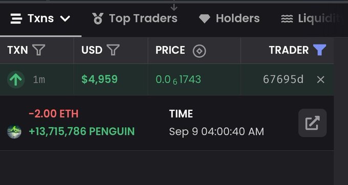 A screenshot of a cryptocurrency transaction tracker shows a transaction of -2.00 ETH for +13,715,786 PENGUIN tokens at a price of 0.061743, totaling $4,959, dated Sep 9 04:00:40 AM.