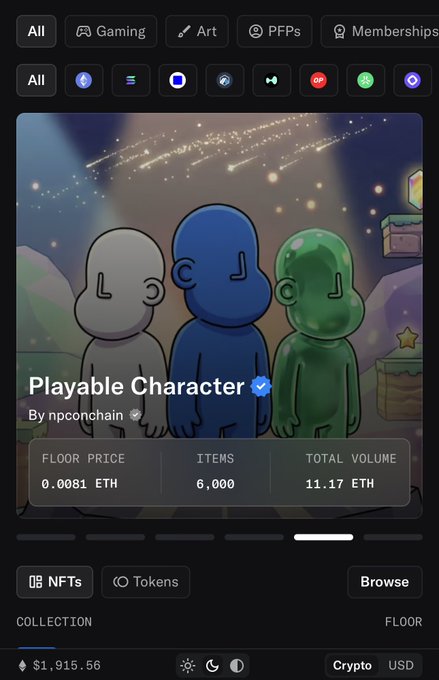 A mobile screenshot of an NFT marketplace showing a collection titled 'Playable Character' by npconchain, featuring three stylized 3D figures, with a floor price of 0.0081 ETH and total volume of 11.17 ETH.