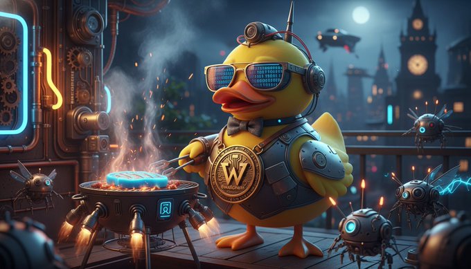 The image features a cartoon duck wearing sunglasses, standing next to a BBQ grill with a clock tower visible behind him. The caption reads "Good night friends + @Wallchain = the ultimate Saturday night vibe. Nothing beats good food & solid tech. How’s your evening looking?" and there is also an image of a robot spider on the right side of the photo, which could be related to the BBQ theme or simply part of the overall scene design.