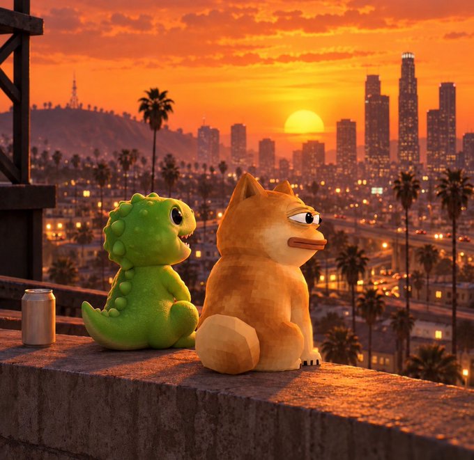 A 3D-rendered green dinosaur and orange creature sit side by side on a rooftop overlooking the Los Angeles skyline at sunset, with a small can sitting nearby.