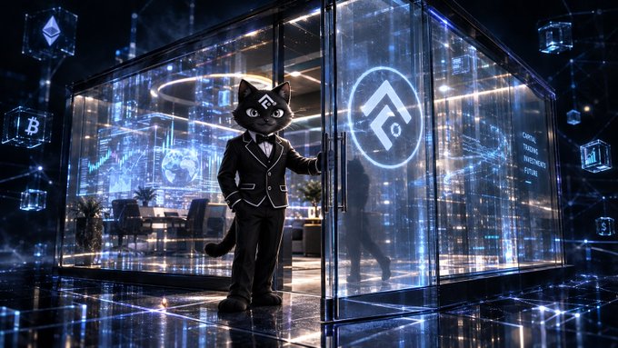 A digital artwork features an anthropomorphic black cat wearing a formal tuxedo, standing in a glass-walled modern office with a neon crypto logo visible on the door.