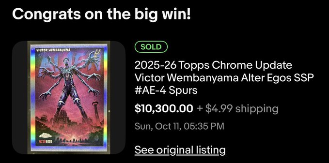 A "Congrats on the big win!" notification for a sold item: a 2025-26 Topps Chrome Update Victor Wembanyama Alter Egos SSP #AE-4 Spurs card, which sold for $10,300.00 plus shipping on Sun, Oct 11.
