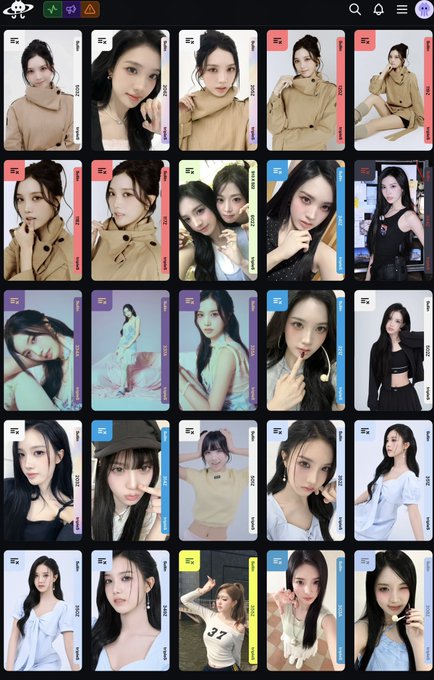 A gallery of AI-generated or stylized photos featuring a young Asian woman in various outfits and poses, displayed in a grid layout with color-coded category tags.