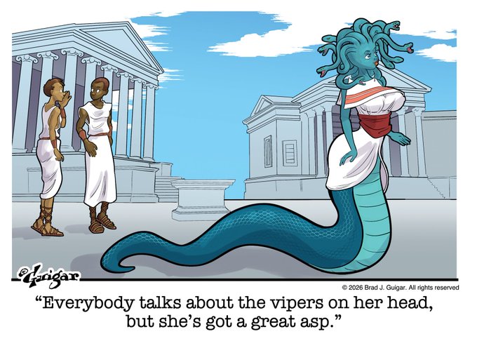 A cartoon by Brad J. Guigar showing a Medusa-like figure with snake hair and lower body, with the caption 'Everybody talks about the vipers on her head, but she's got a great asp.'