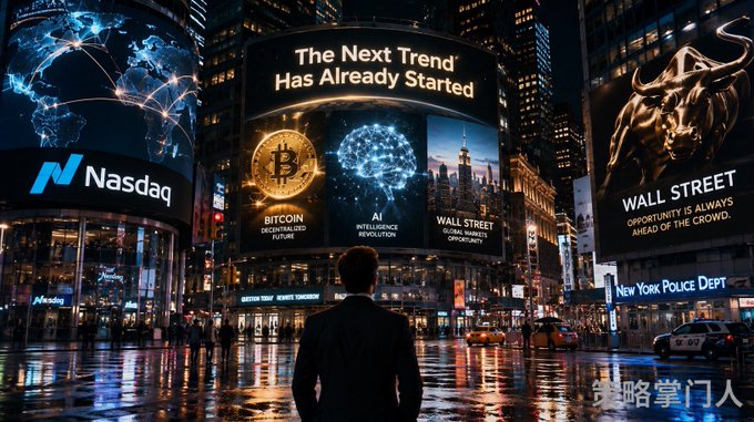An AI-generated image of a person viewing illuminated billboards in a city street featuring 'Nasdaq', 'Bitcoin', 'AI', 'Wall Street', and the text 'The Next Trend Has Already Started'.