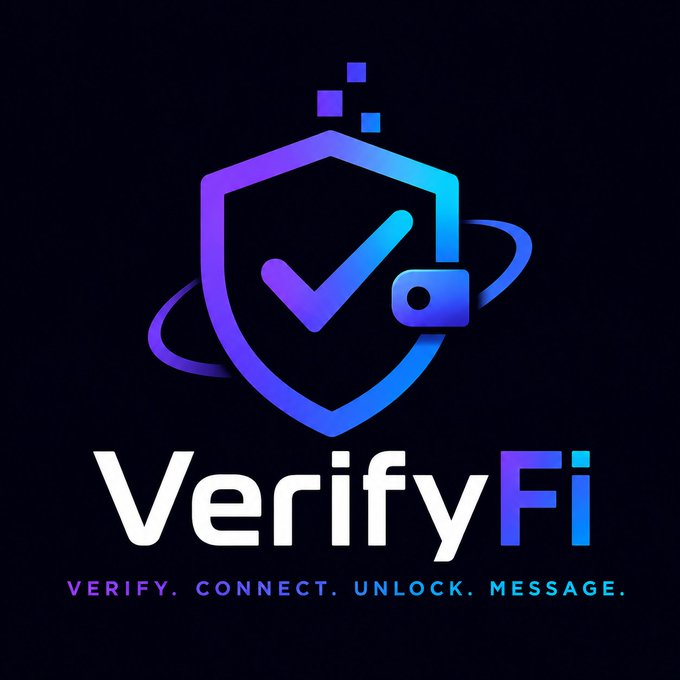 A logo for 'VerifyFi' featuring a shield and checkmark design in purple and blue gradient, with the tagline 'VERIFY. CONNECT. UNLOCK. MESSAGE.' on a black background.