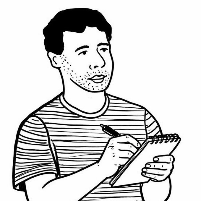 A black-and-white line drawing depicts a man with stubble writing in a spiral-bound notebook with a pen, suggesting he is taking notes or journaling—fitting the casual greeting about how someone's day is going and whether they're "touching grass."