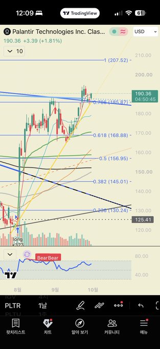 A TradingView chart of Palantir Technologies Inc. Class (PLTR) showing a price of $190.36, up +1.81% ($3.39), with Fibonacci retracement levels visible.