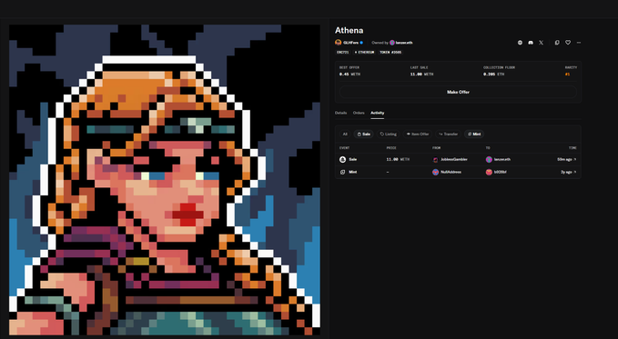 A split-screen showing a pixelated NFT artwork on the left and a Magic Eden marketplace listing on the right for 'Athena', with best offer at 0.48 WETH, last sale at 11.88 WETH, and collection floor of 0.388 ETH.