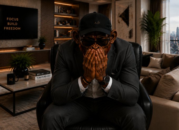 A man wearing a dark suit, cap, and sunglasses sits in a leather chair with his hands clasped over his face, with a TV screen behind him displaying the words 'FOCUS BUILD FREEDOM'.