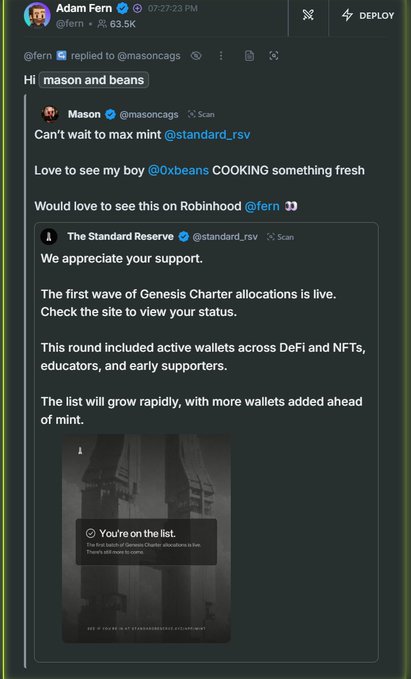 The image shows a screenshot of a tweet thread where Adam Fern (@fernv) replies to @masoncags, highlighting a quote tweet from @standard_rsv announcing that "The first wave of Genesis Charter allocations is live," with a "You're on the list" confirmation message. The post celebrates Adam's whitelist status with The Standard Reserve, referencing his role as Head of Product DeFi at Robinhood.