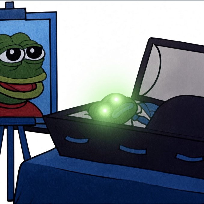 Cartoon drawing of a Pepe-style frog character looking at a glowing green baby frog lying in a black bassinet.