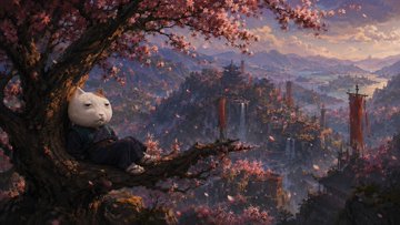An artistic fantasy scene featuring a white cat-like figure with a glowing lantern resting on a tree branch, gazing over a misty landscape of pagodas and red banners beneath blooming cherry blossom trees at sunset.