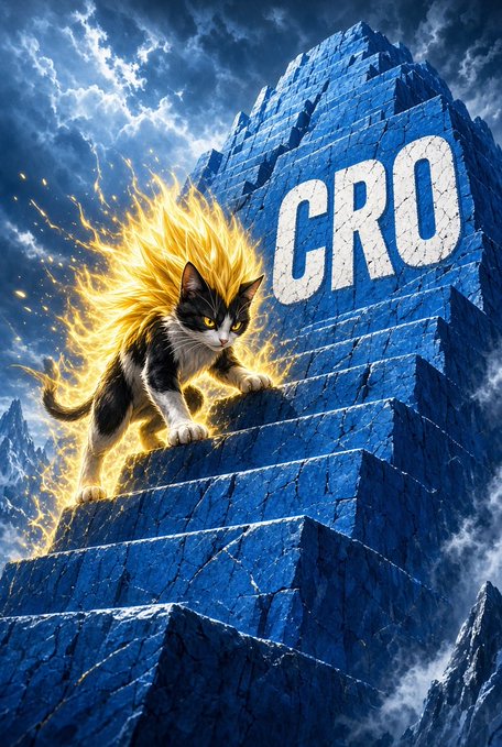 A dynamic illustration of a fiery yellow cat with glowing eyes climbing up a stone pyramid against a stormy sky, with the text 'CRO' carved into the peak.