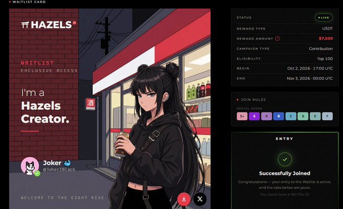 A Hazels waitlist card featuring an anime-style female character in front of a convenience store, showing a successful join entry by user 'Joker @Joker1Black' with a reward of $7,500 USDT.
